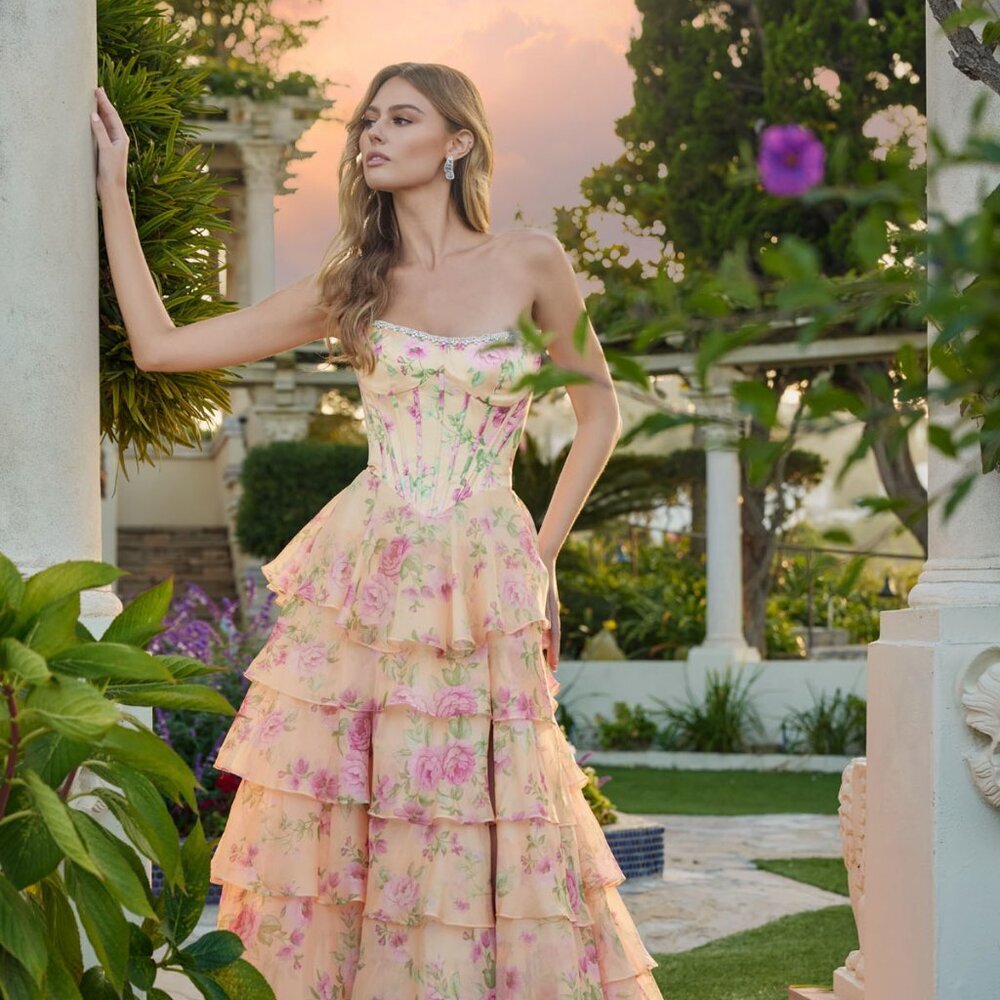 New Pastel Yellow Floral Garden Party Dress w/ Ruffled Skirt & Leg Slit JT2739S